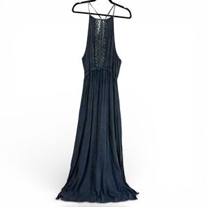 Angie Charcoal Whimsygoth Witchy Maxi Dress Crochet Back Empire Waist XL